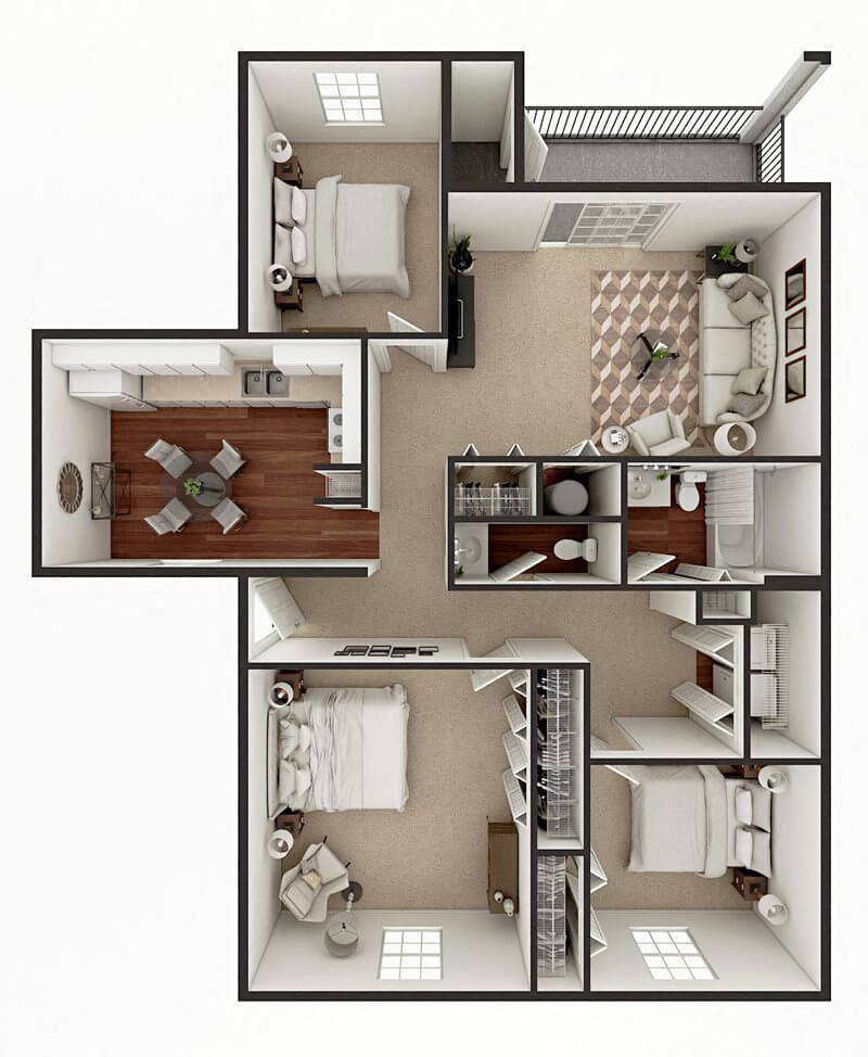 Floor plan for 3 beds, 1.5 baths, 1048 sqft