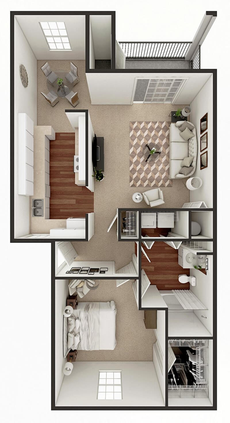 Floor plan for 1 bed, 1 bath, 852 sqft