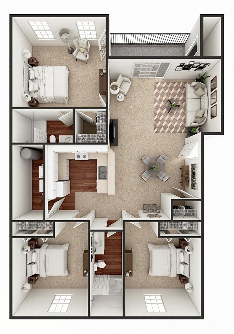Floor plan for 3 beds, 2 baths, 1307 sqft