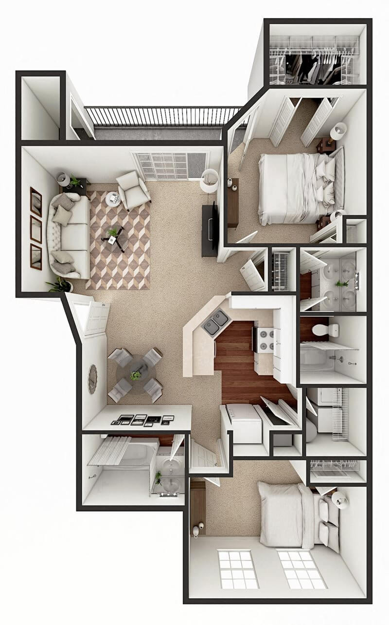 Floor plan for 2 beds, 2 baths, 1050 sqft