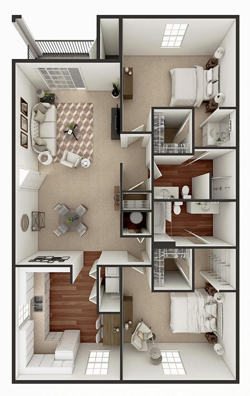 Floor plan for 2 beds, 2 baths, 1217 sqft