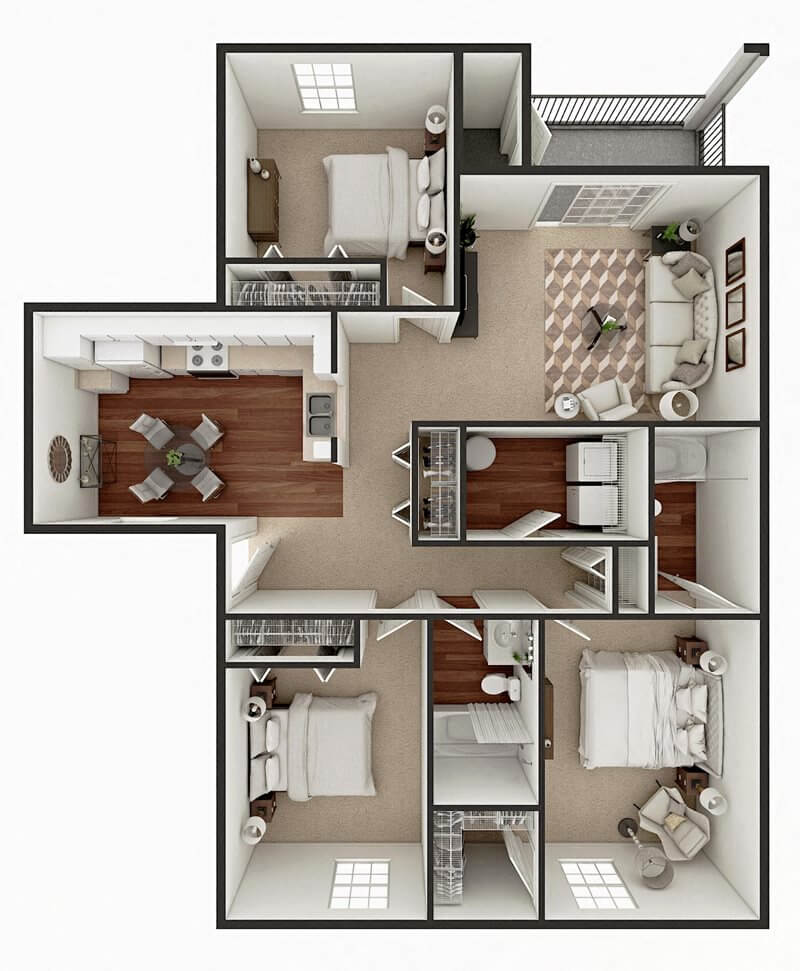 Floor plan for 3 beds, 2 baths, 1168 sqft