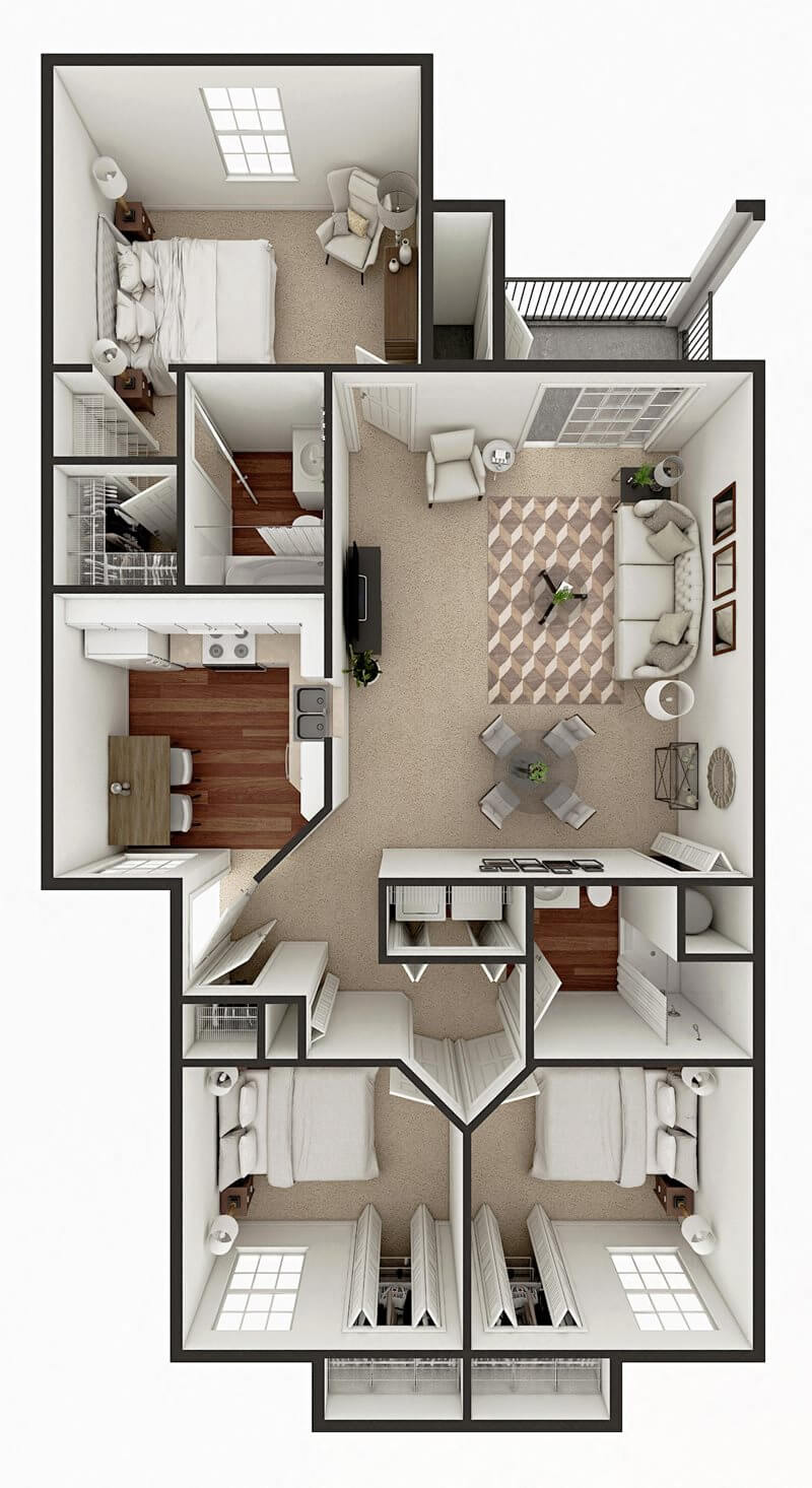 Floor plan for 3 beds, 2 baths, 1266 sqft