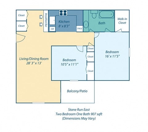 Floor plan for 2 beds, 1 bath, 907 sqft