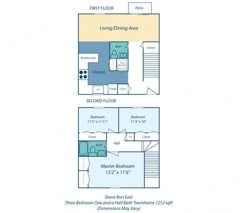 Floor plan for 3 beds, 1.5 baths, 1212 sqft