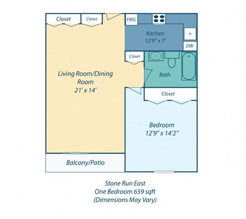 Floor plan for 1 bed, 1 bath, 659 sqft