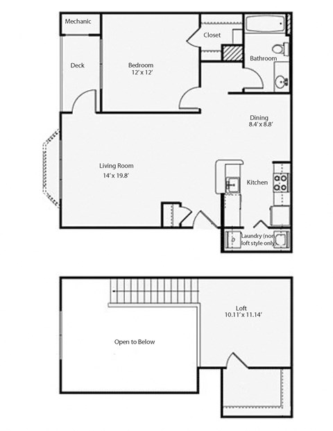 Floor plan for 1 bed, 1 bath, 1013 sqft