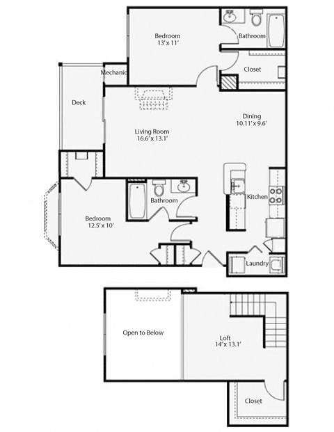 Floor plan for 2 beds, 2 baths, 1410 sqft