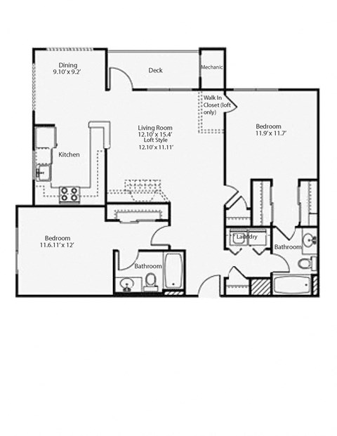 Floor plan for 2 beds, 2 baths, 1210 sqft