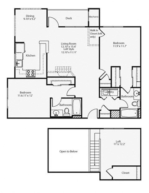 Floor plan for 2 beds, 2 baths, 1411 sqft