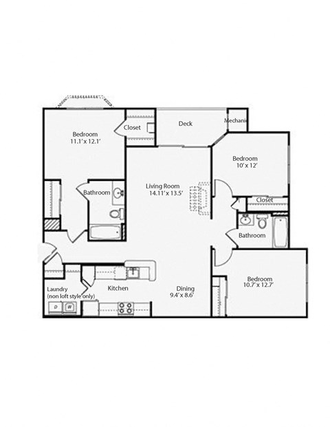 Floor plan for 3 beds, 2 baths, 1334 sqft