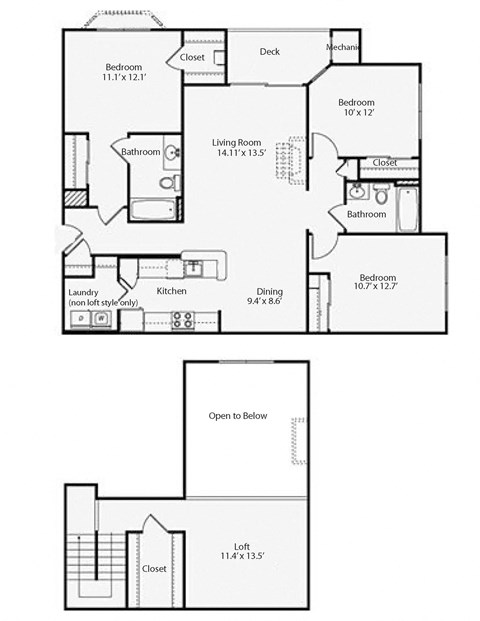 Floor plan for 3 beds, 2 baths, 1595 sqft
