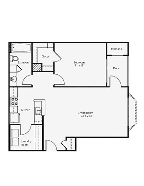 Floor plan for 1 bed, 1 bath, 807 sqft