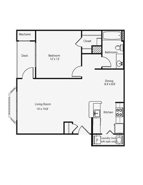 Floor plan for 1 bed, 1 bath, 817 sqft
