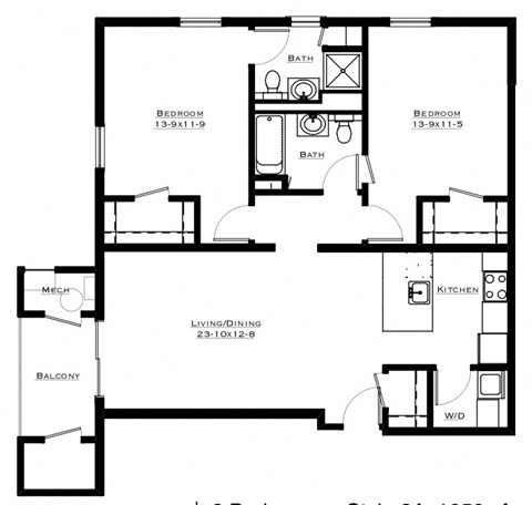 Floor plan for 2 beds, 2 baths, 1055 sqft