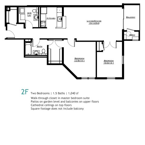 Floor plan for 2 beds, 1.5 baths, 1040 sqft