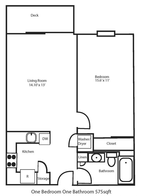 Floor plan for 1 bed, 1 bath, 575 sqft