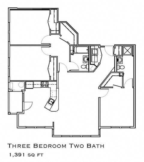 Floor plan for 3 beds, 2 baths, 1373 sqft