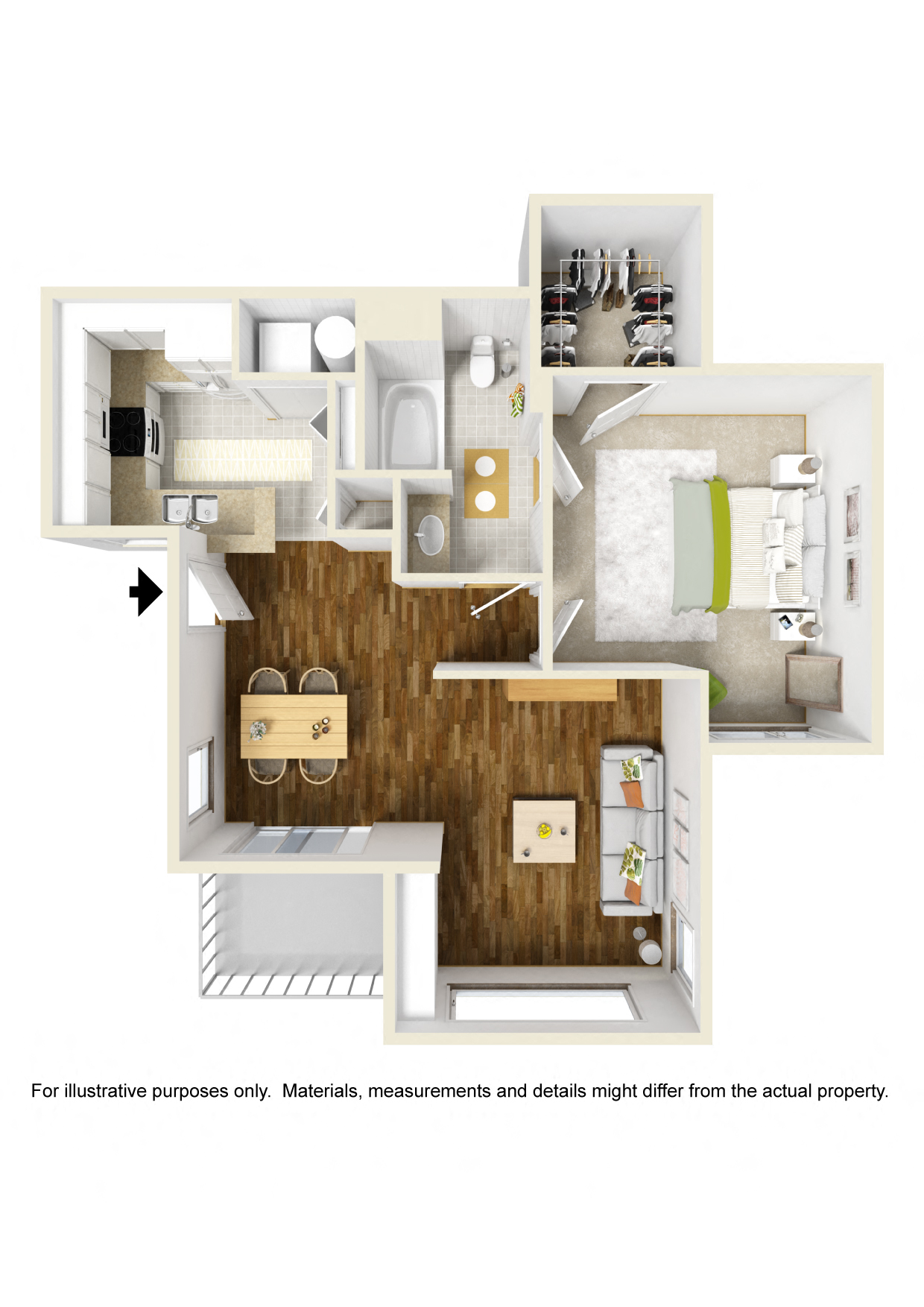 Floor plan for 1 bed, 1 bath, 745 sqft