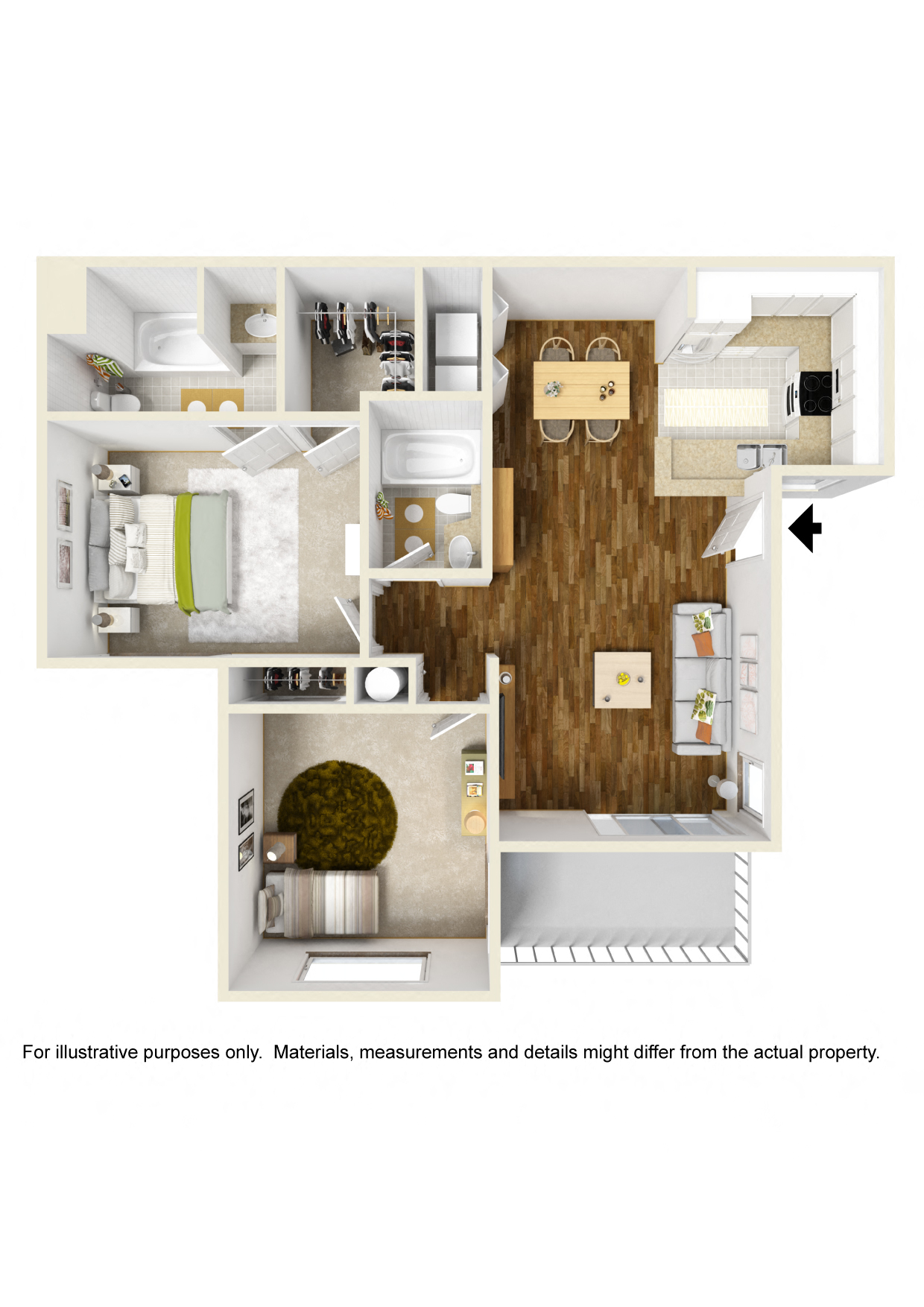 Floor plan for 2 beds, 2 baths, 965 sqft