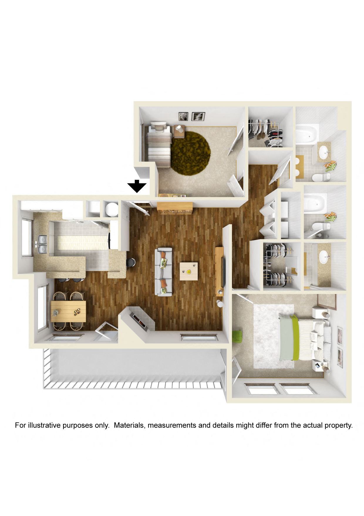 Floor plan for 2 beds, 2 baths, 1130 sqft