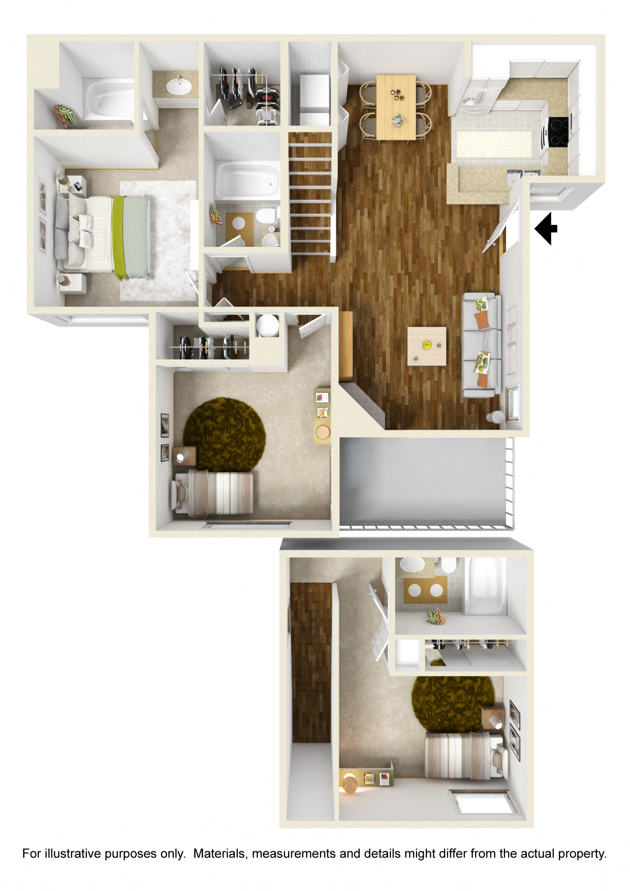 Floor plan for 3 beds, 3 baths, 1203 sqft