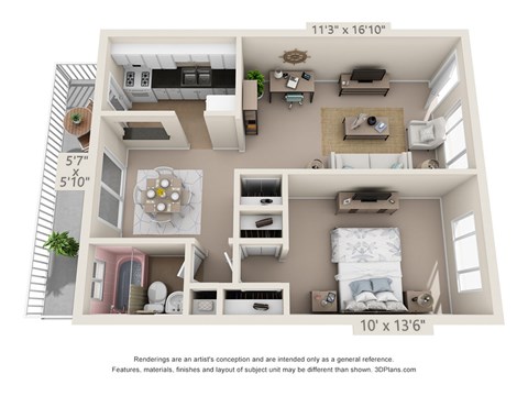 Floor plan for 1 bed, 1 bath, 631 sqft