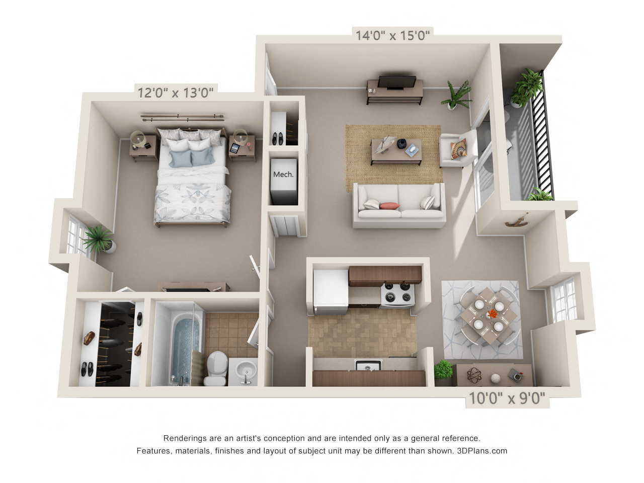 Floor plan for 1 bed, 1 bath, 800 sqft