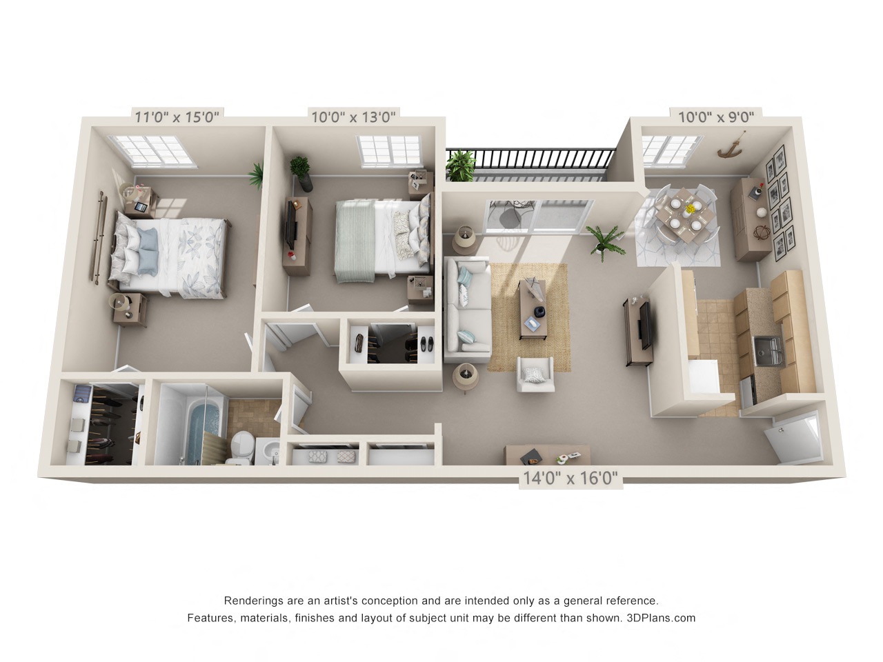 Floor plan for 2 beds, 1 bath, 900 sqft
