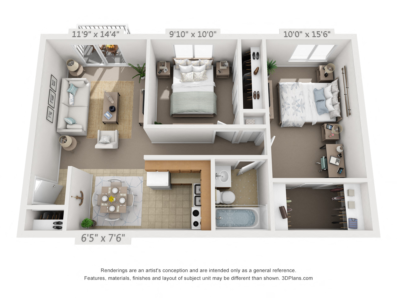 Floor plan for 2 beds, 1 bath, 705 sqft