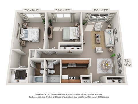Floor plan for 2 beds, 2 baths, 849 sqft