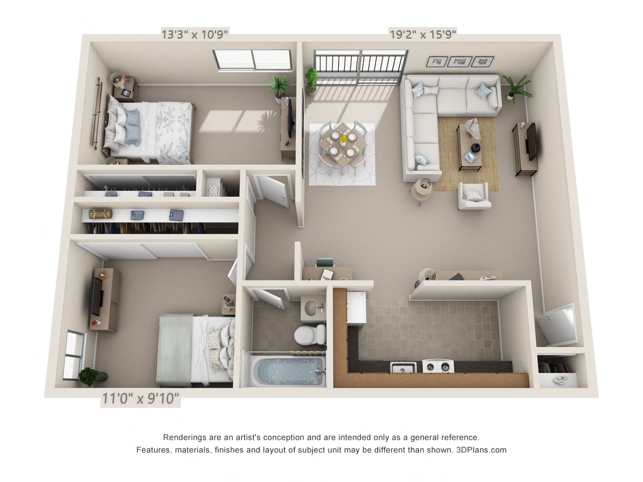 Floor plan for 2 beds, 1 bath, 755 sqft