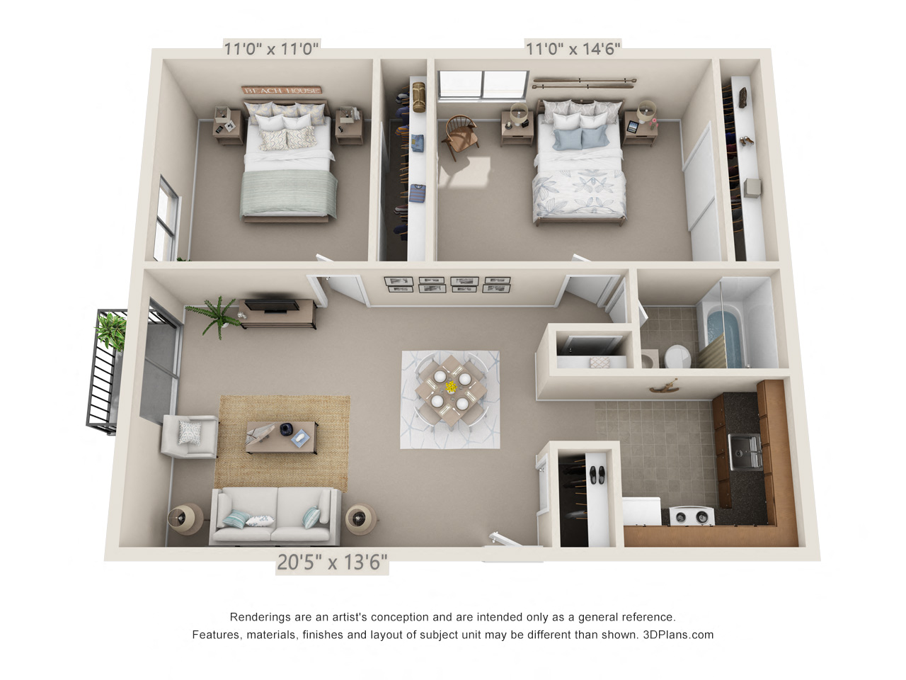 Floor plan for 2 beds, 1 bath, 742 sqft