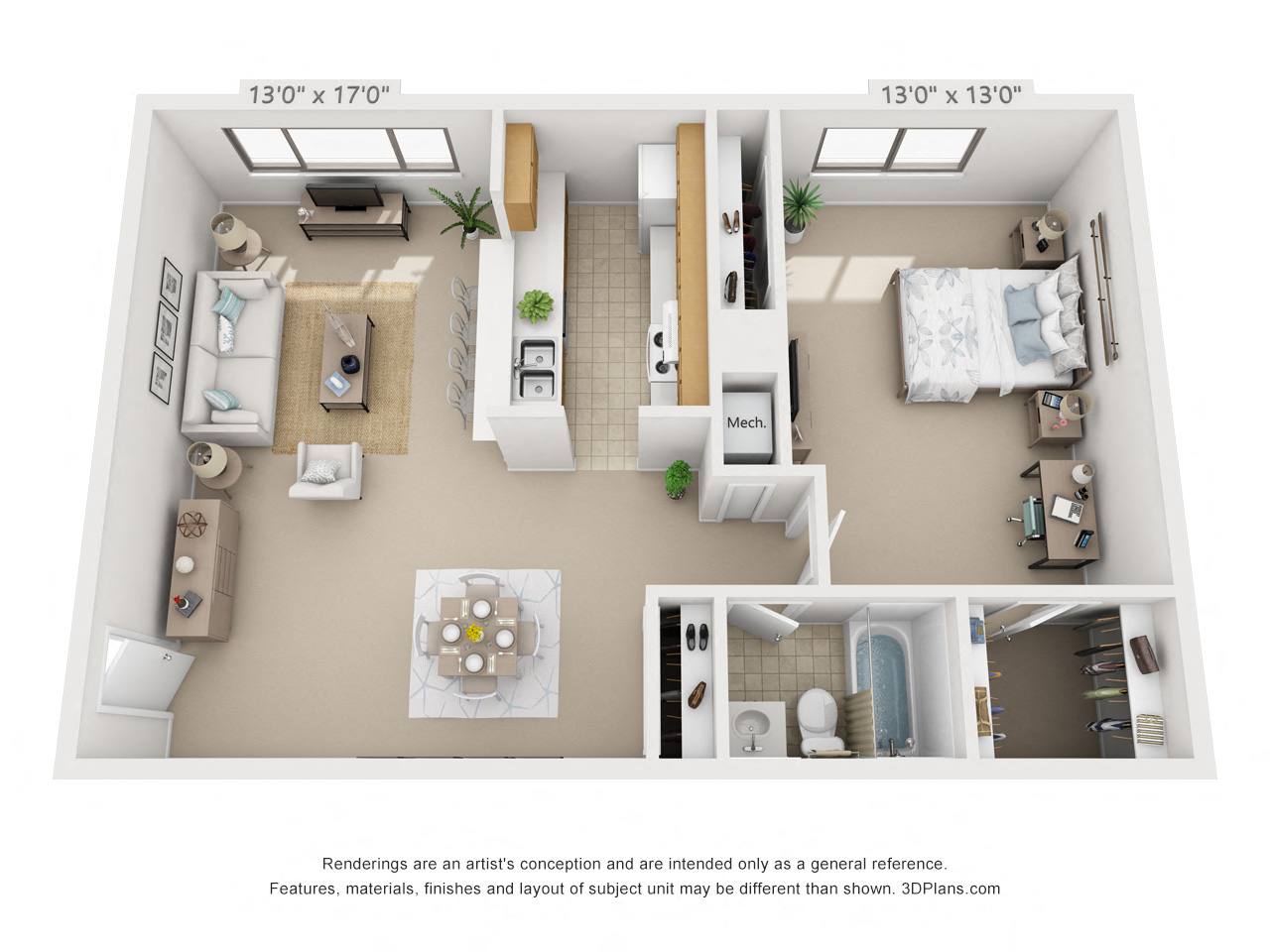 Floor plan for 1 bed, 1 bath, 684 sqft