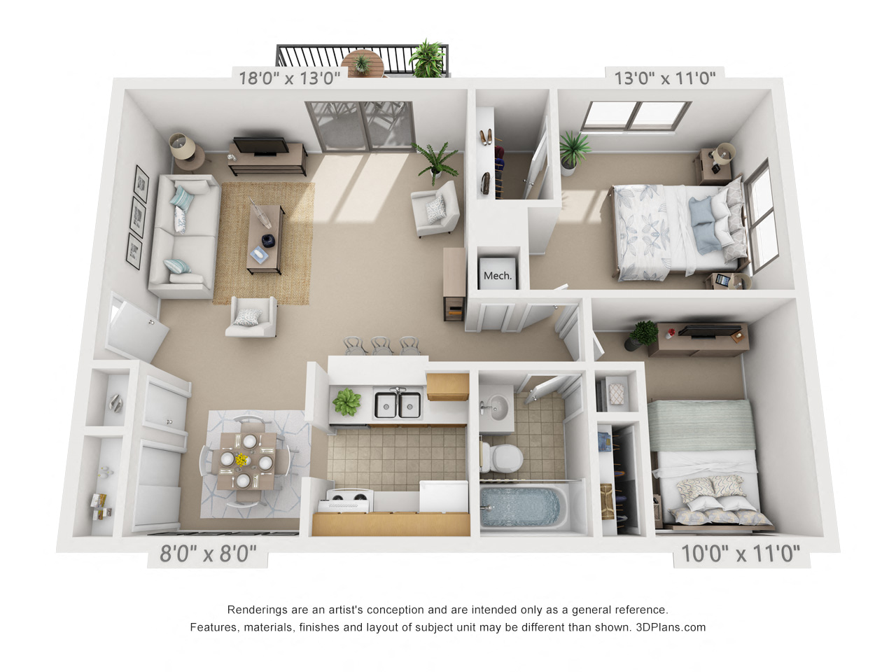 Floor plan for 2 beds, 1 bath, 841 sqft