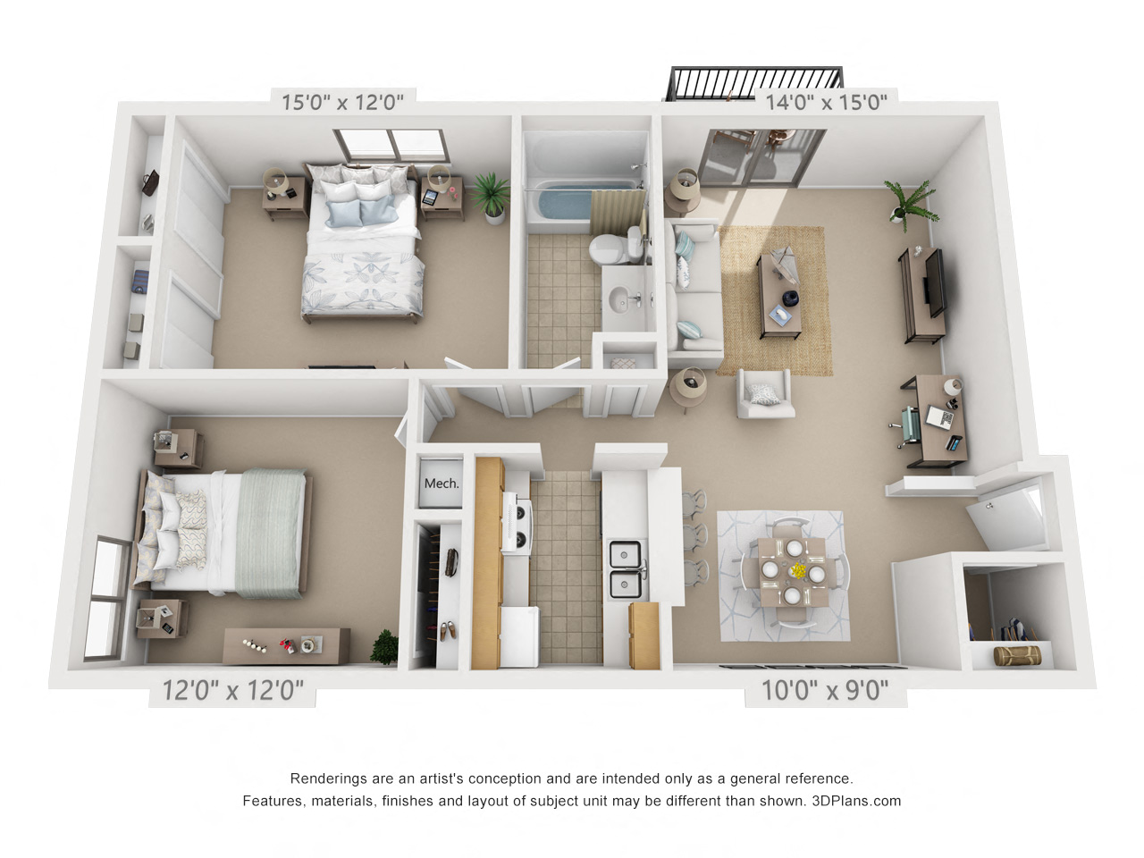 Floor plan for 2 beds, 1 bath, 882 sqft