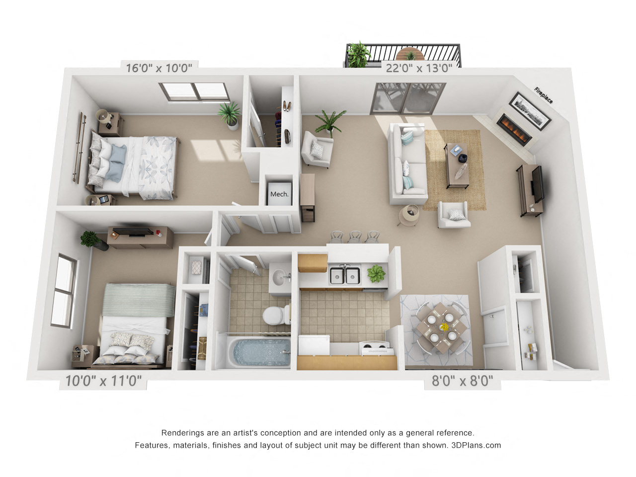 Floor plan for 2 beds, 1 bath, 922 sqft