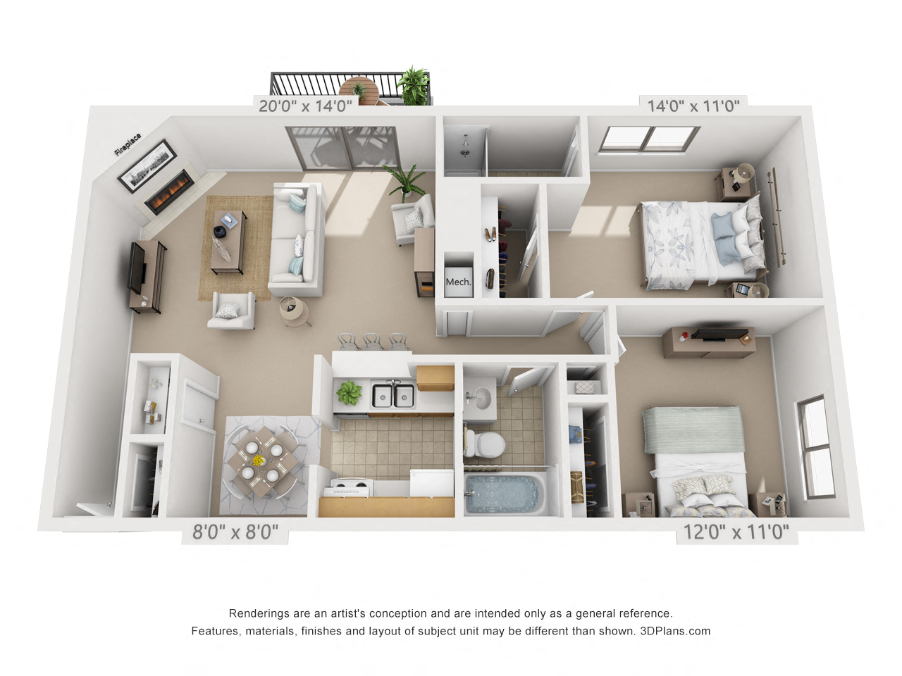 Floor plan for 2 beds, 2 baths, 1018 sqft