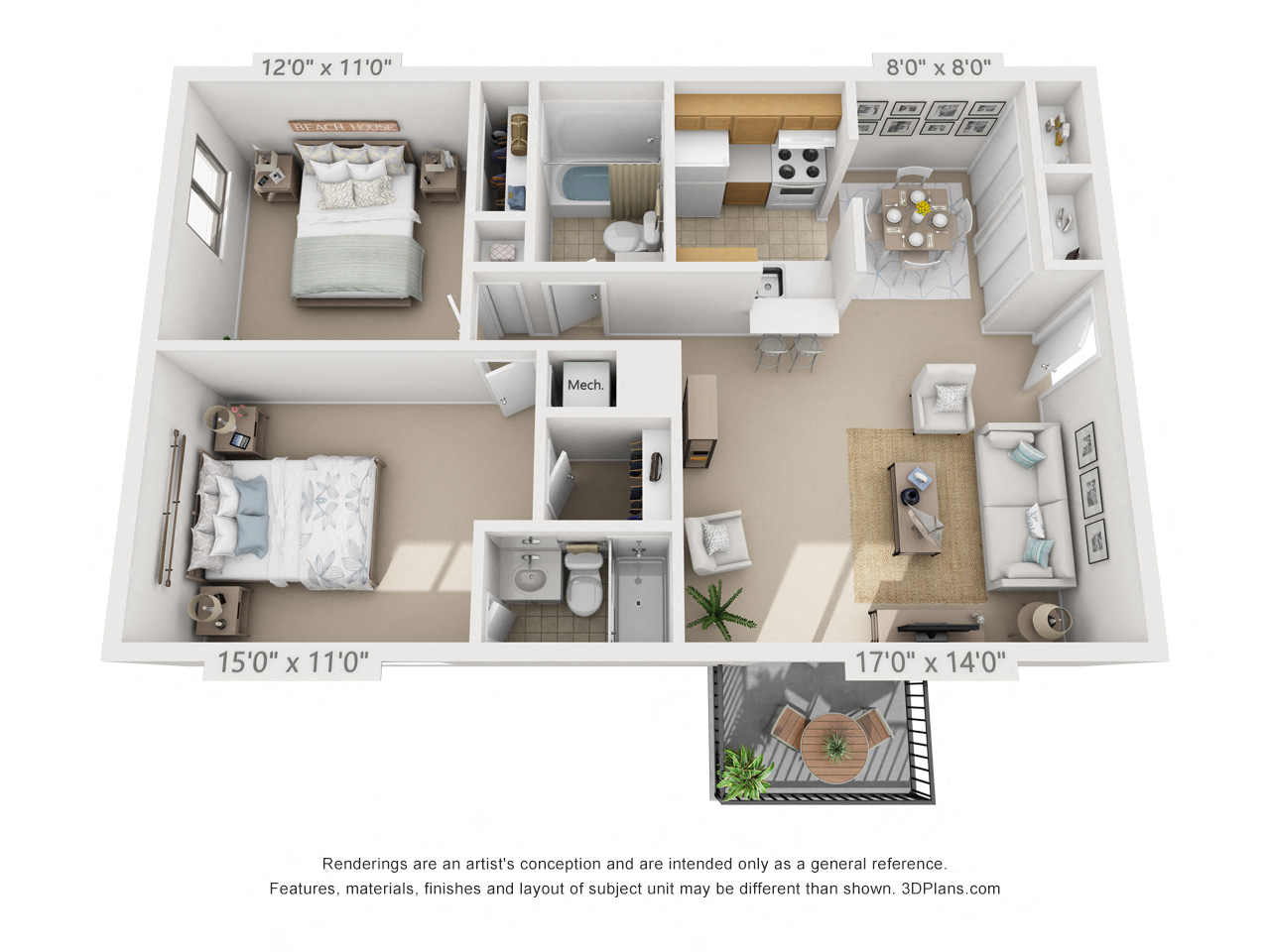 Floor plan for 2 beds, 2 baths, 925 sqft