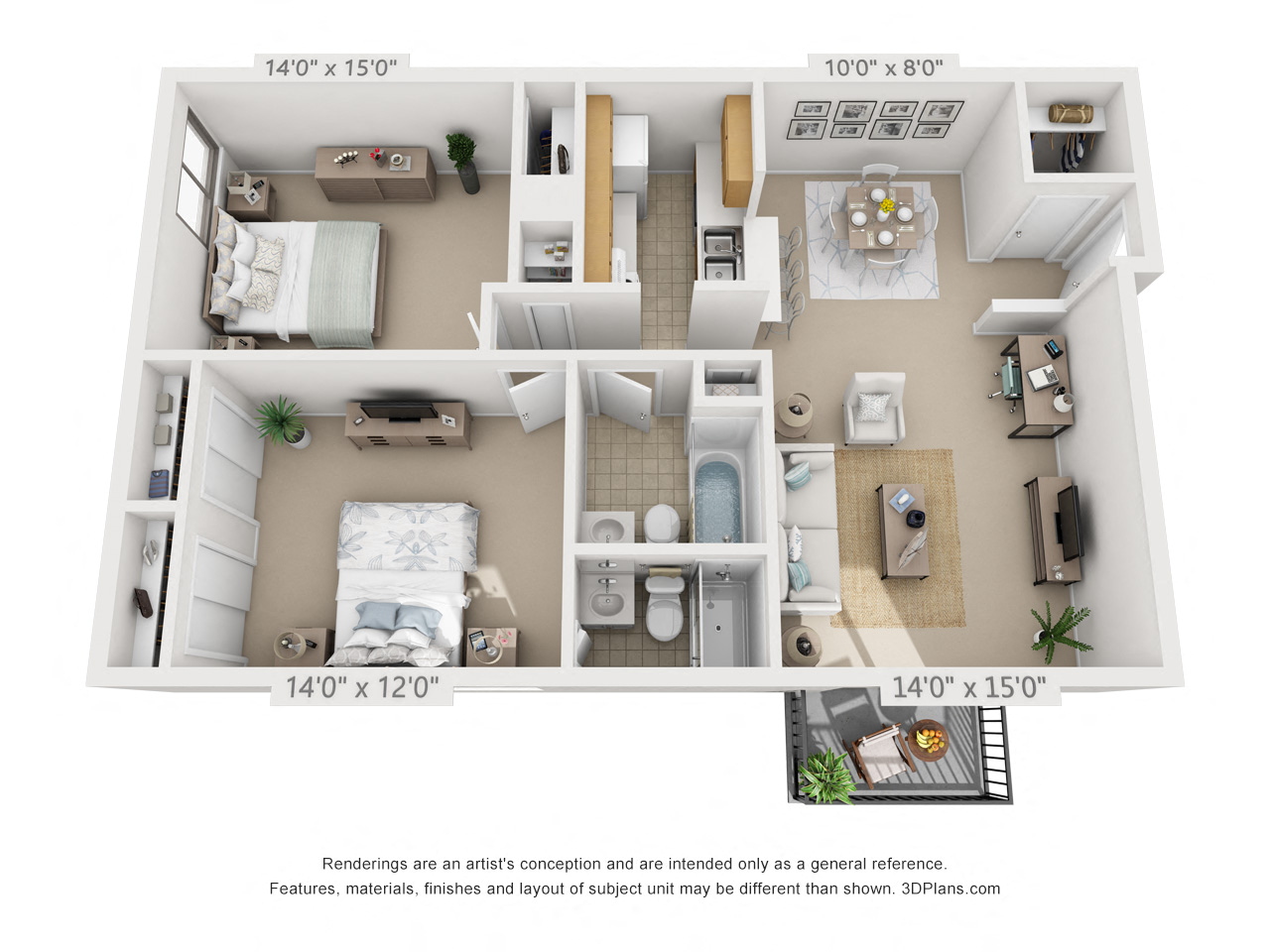 Floor plan for 2 beds, 2 baths, 930 sqft