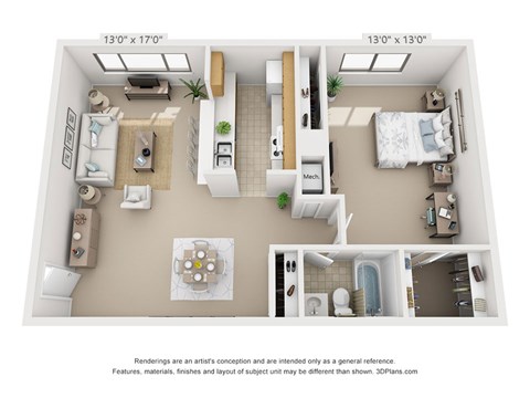 Floor plan for 1 bed, 1 bath, 684 sqft