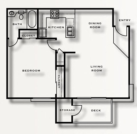 Floor plan for 1 bed, 1 bath, 686 sqft