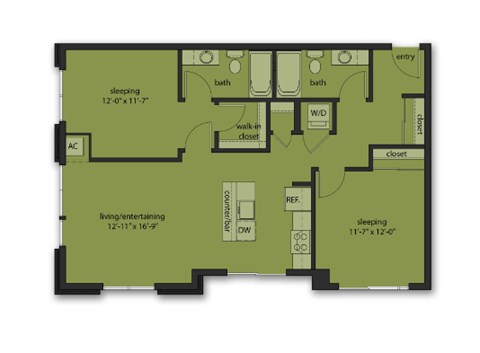 Floor plan for 2 beds, 2 baths, 1006 sqft