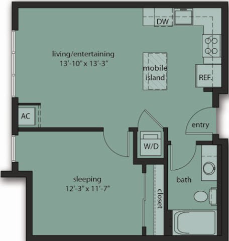 Floor plan for 1 bed, 1 bath, 605 sqft