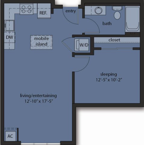 Floor plan for 1 bed, 1 bath, 623 sqft