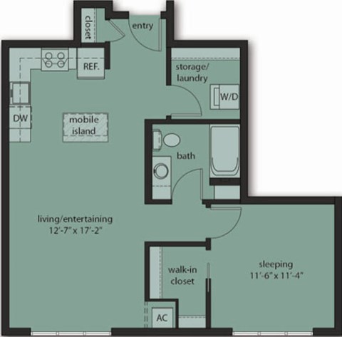 Floor plan for 1 bed, 1 bath, 720 sqft
