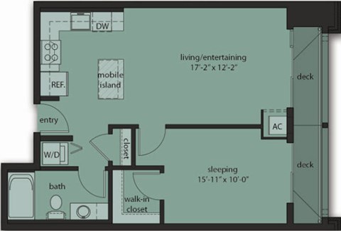 Floor plan for 1 bed, 1 bath, 644 sqft