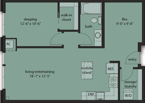 Floor plan for 1 bed, 1 bath, 790 sqft