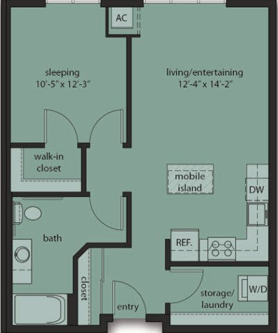 Floor plan for 1 bed, 1 bath, 715 sqft
