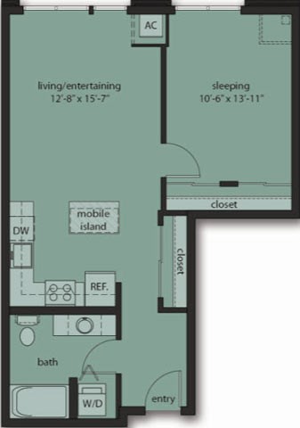 Floor plan for 1 bed, 1 bath, 681 sqft